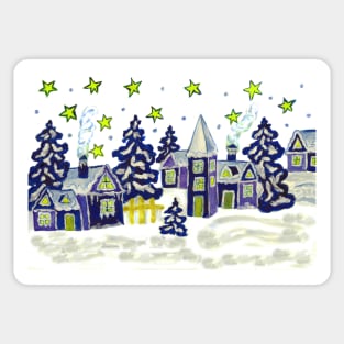 Winter landscape with blue houses Sticker